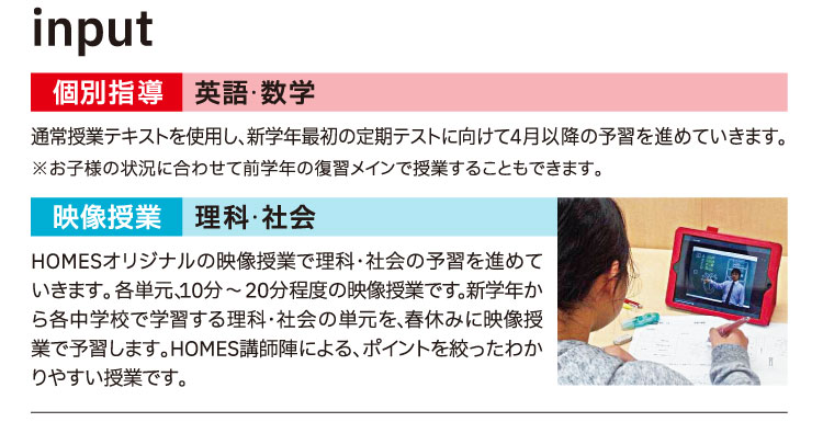 input 個別指導:英語・数学 映像授業:理科・社会