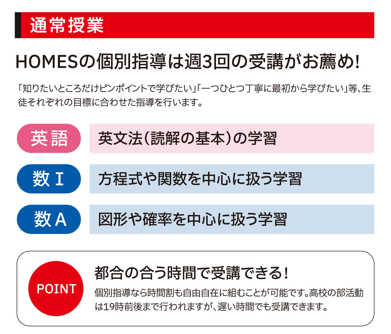 通常授業:HOMESの個別指導は週3回の受講がお薦め! 「知りたいところだけピンポイントで学びたい」「一つひとつ丁寧に最初から学びたい」等、生徒それぞれの目標に合わせた指導を行います。