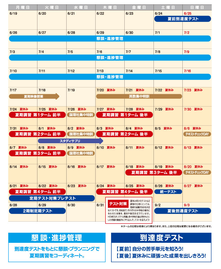 中1・中2スケジュール 懇談・進捗管理 到達度テスト