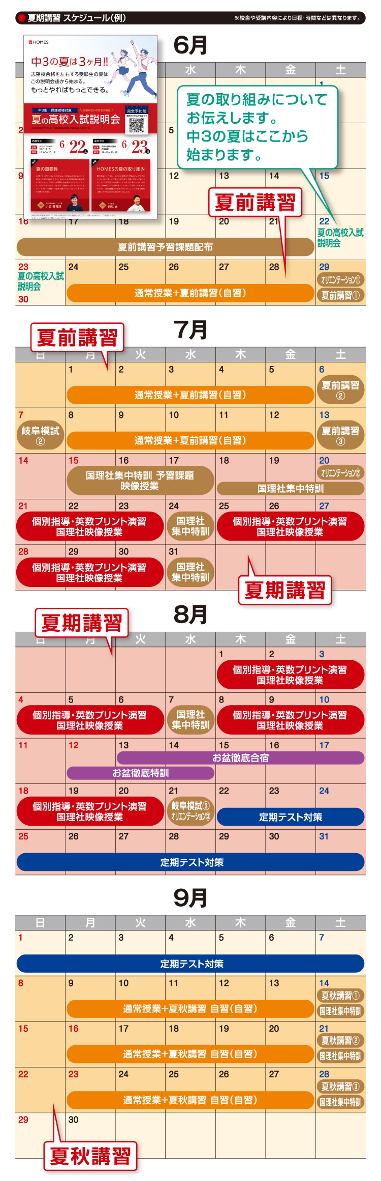 夏期講習 スケジュール（例）6月 7月 8月 9月