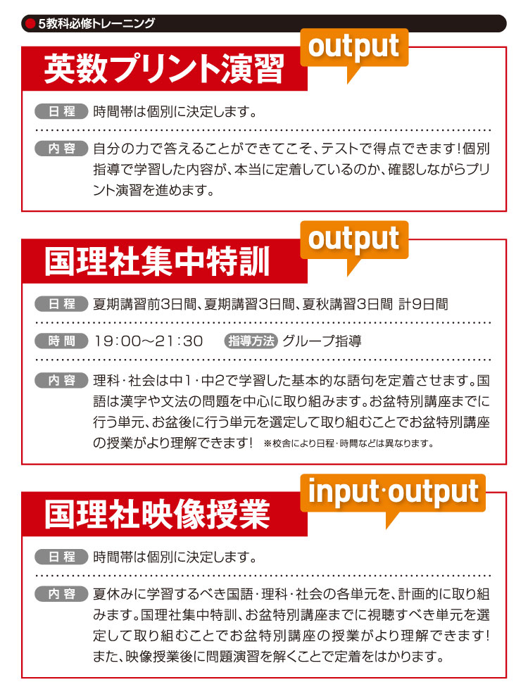 5教科必修トレーニング output:英数プリント演習 output:国理社集中特訓 input・output:国理社映像授業