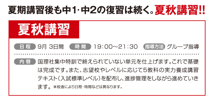 夏期講習後も中１・中2の復習は続く。夏秋講習 ９月 3日間 19：00～21：30 グループ指導