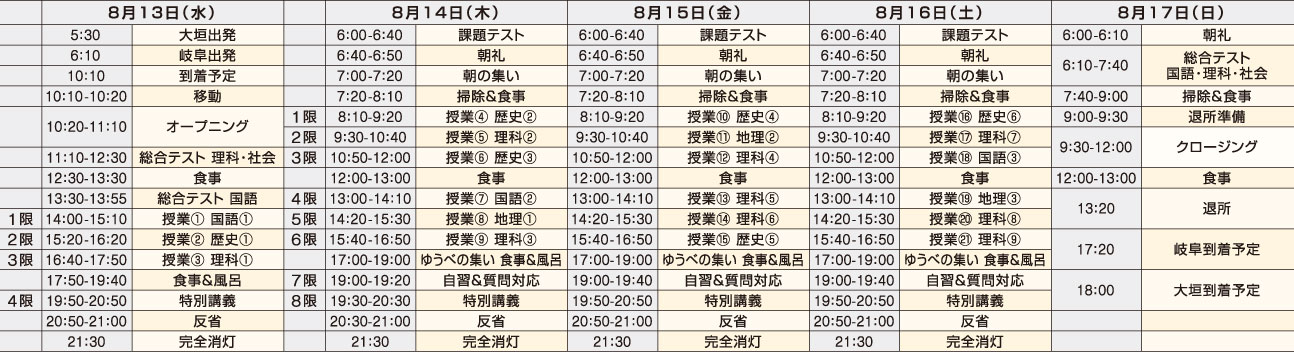 お盆徹底合宿 スケジュール