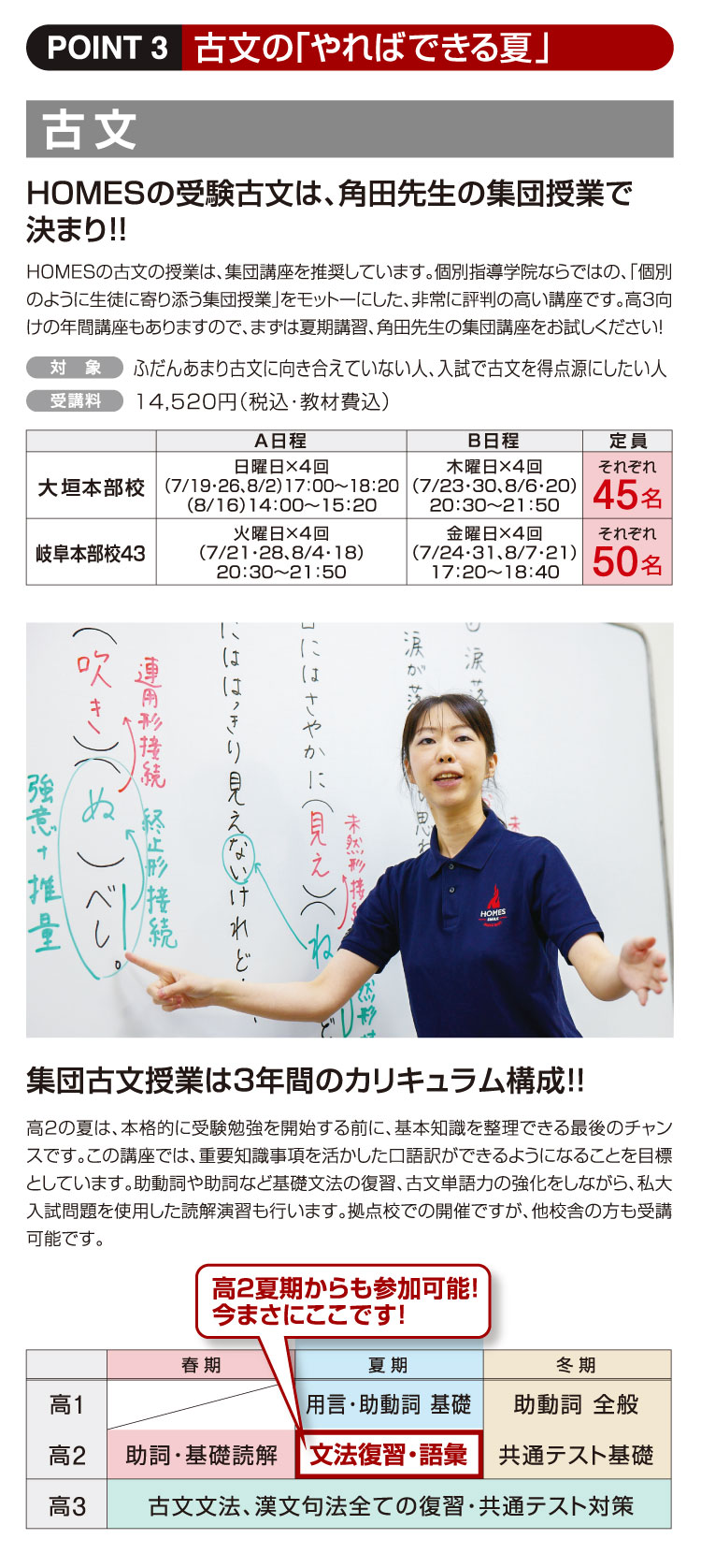 古文:HOMESの受験古文は、角田先生の集団授業で決まり！！集団古文授業は3年間のカリキュラム構成！！