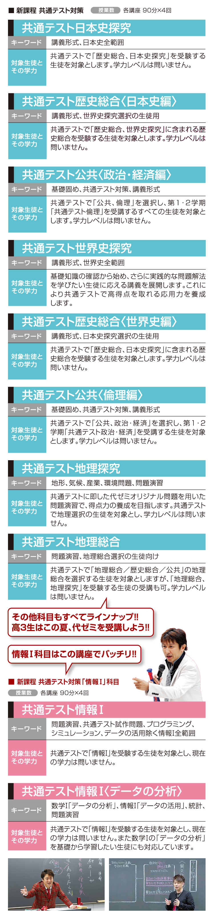 代ゼミサテライン「新課程対応 共通テスト対策」 共通テスト日本史探究 共通テスト歴史総合〈日本史編〉 共通テスト公共〈政治・経済編〉 共通テスト世界史探究 共通テスト歴史総合〈世界史編〉 共通テスト公共〈倫理編〉 共通テスト地理探究 共通テスト地理総合 共通テスト情報Ⅰ 共通テスト情報Ⅰ〈データの分析〉