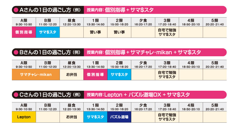 豊富なコースで一人ひとりにあわせた1日のスケジューリングが可能です