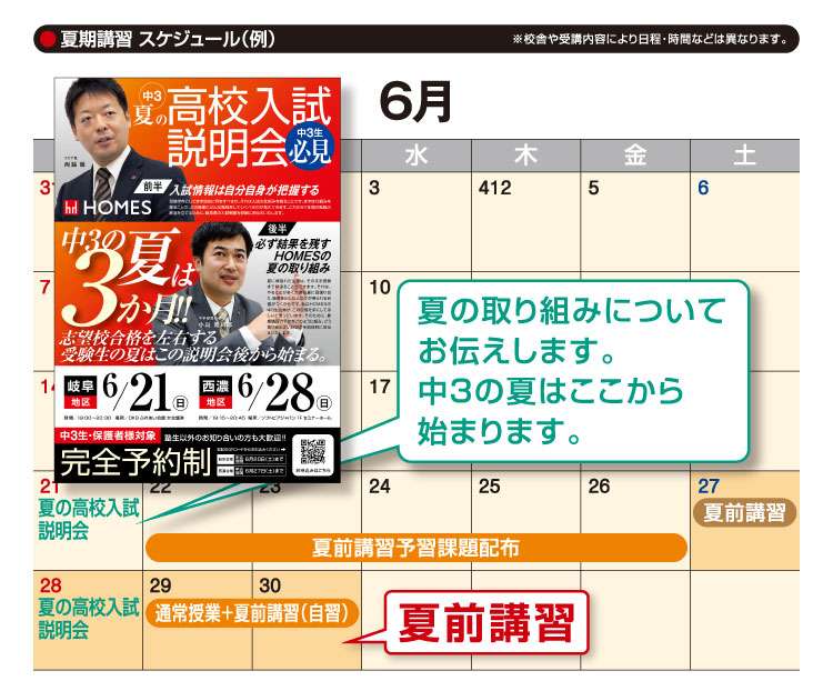 夏期講習を効率よく効果的に進めるために!! 夏前講習 6月下旬〜7月中旬 1回80分 計4回 グループ指導 夏期講習の個別指導に入る前に英単語、計算問題の演習などの基礎固めを行います。個別指導をより効果的に行うための講座です。志望校やレベル別にプリントを用意しており、進捗管理シートを使いながら進めていきます。