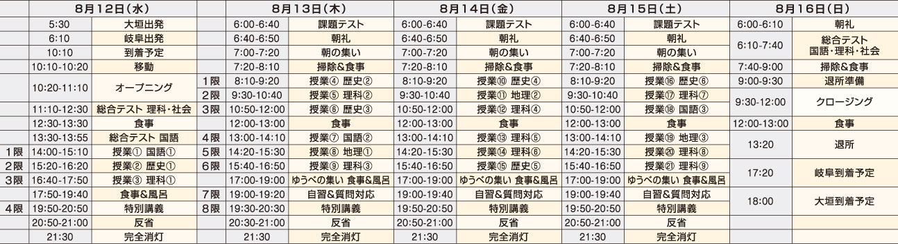 お盆徹底合宿 スケジュール