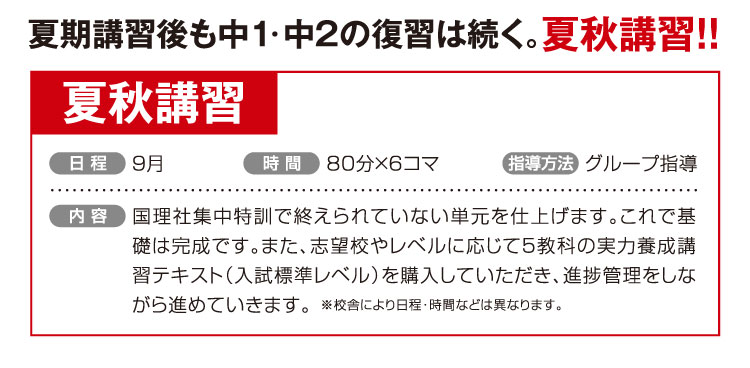 夏期講習後も中１・中2の復習は続く。夏秋講習 ９月 1回80分 計4回 グループ指導