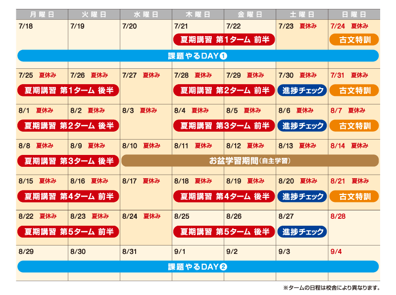 高1・高2の夏期講習スケジュール