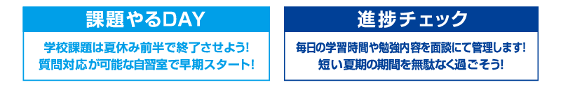 課題やるDAY「学校課題は夏休み前半で終了させよう!質問対応が可能な⾃習室で早期スタート!」進捗チェック「毎⽇の学習時間や勉強内容を⾯談にて管理します！短い夏期の期間を無駄なく過ごそう!」