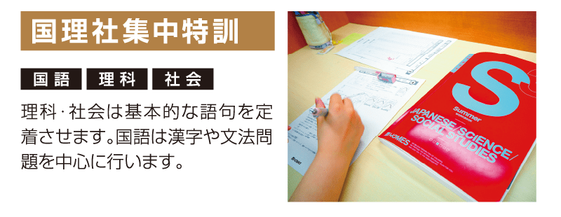 国理社集中特訓 理科・社会は基本的な語句を定着させます。国語は漢字や文法問題を中心に行います。