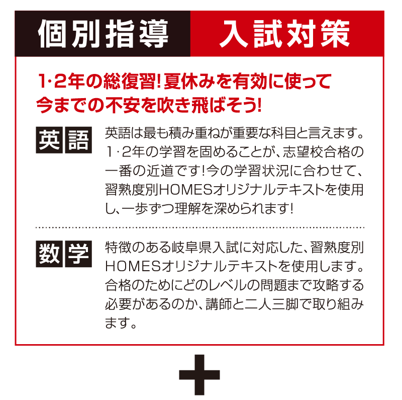 個別指導 入試対策 １・２年の総復習！夏休みを有効に使って今までの不安を吹き飛ばそう！